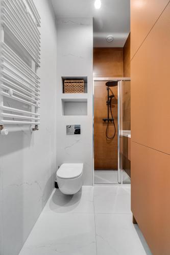 a bathroom with a toilet and a walk in shower at Apartament Riverside View in Wrocław
