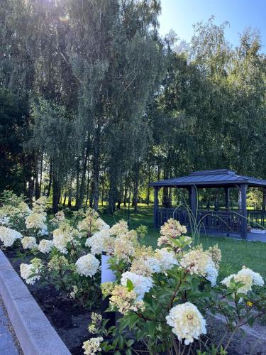 a garden with a gazebo and white flowers at Vaivute Apartments No2 in Darbėnai