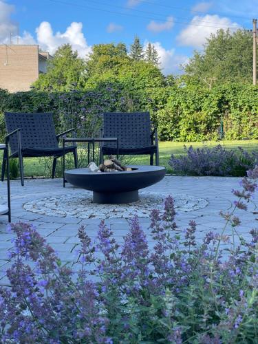 a bird bath in a garden with two chairs at Vaivute Apartments No2 in Darbėnai
