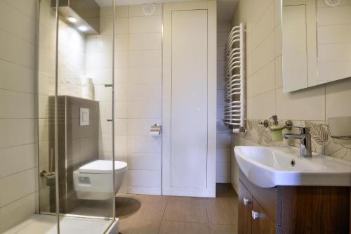 ein Bad mit einem WC, einem Waschbecken und einer Dusche in der Unterkunft Apartament u Jacentego in Szklarska Poręba