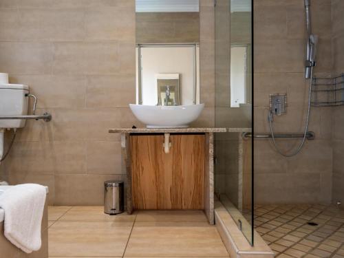 a bathroom with a sink and a shower at Kuruman Lodge in Kuruman