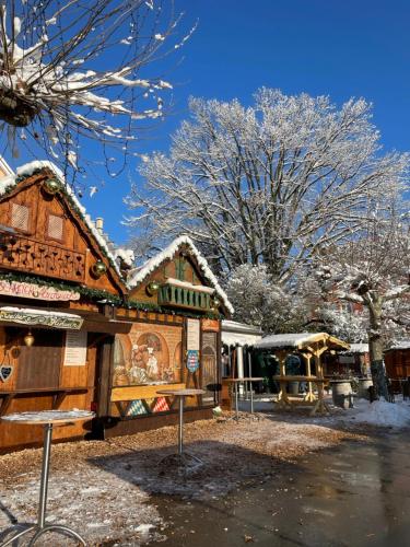 a building with snow on the roof of it at Apartment Hotel Schreier in Lindau