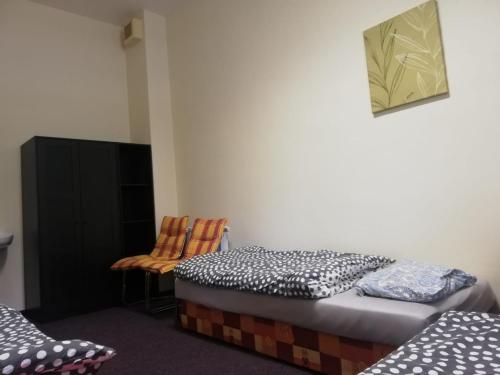 um quarto com uma cama e uma cadeira em Apartmány Elisabeth em Železná Ruda