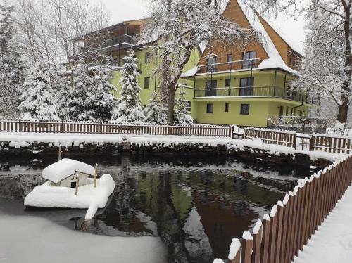 a house and a pond with snow on it at Apartment Phoenix in Štôla