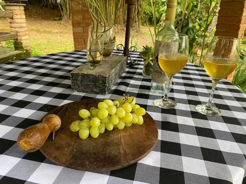 una mesa con una bandeja de uvas y copas de vino en Refugio do Amor en São João del Rei