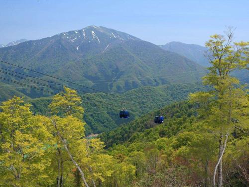 a pair of gondolas flying over a mountain at Naeba Prince Hotel in Yuzawa