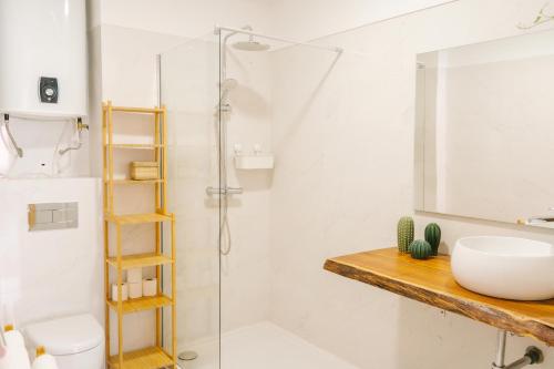 a bathroom with a shower and a toilet and a sink at Porto serenity studio in Porto