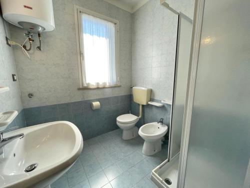 a bathroom with a toilet and a sink and a shower at Luminous flat in a residence with common pool in Veneto