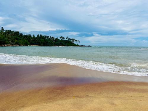 a beach with the ocean and trees in the background at Sun Beach in Tangalle