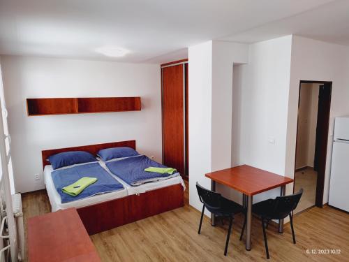 プラハにあるHostel Blaniceのベッドルーム1室(ベッド1台、テーブル、椅子付)