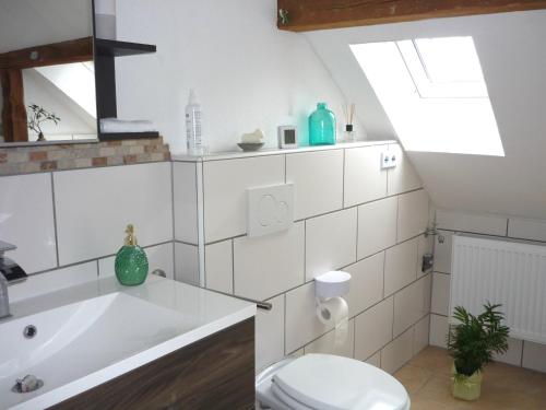bagno bianco con servizi igienici e lavandino di Ferienwohnung Hinz a Ellingstedt