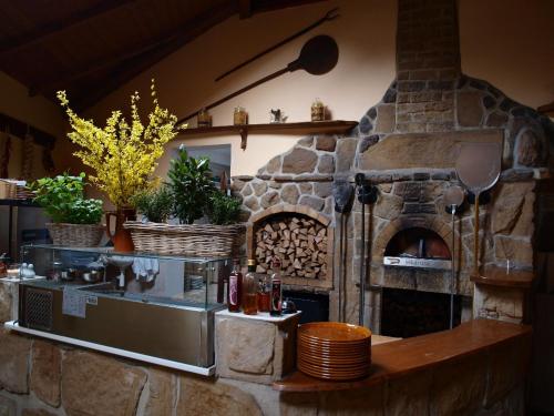 a kitchen with a stone oven in a room at ALMI - penzion - pizzerie in Staré Splavy