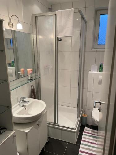 a bathroom with a shower and a sink and a toilet at Ferienwohnung Leevke in Emden