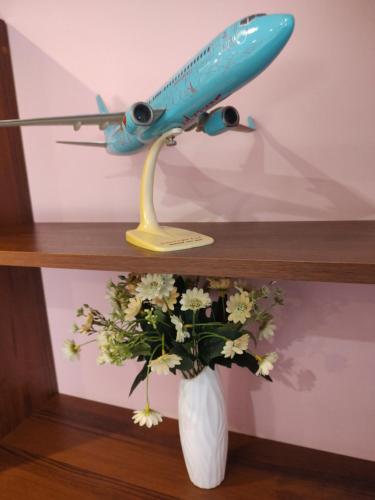 um avião de brinquedo sentado em cima de um vaso com flores em Апартаменти, вул Космонавтів,29, великий Смарт TV , преміум підписки em Kryvyi Rih