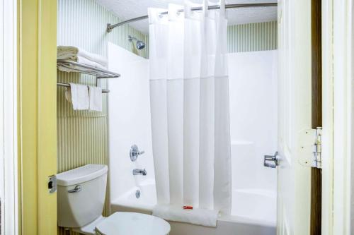 a bathroom with a toilet and a shower at Econo Lodge Huntington - Barboursville University Area in Huntington