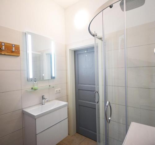 a bathroom with a sink and a shower at NEU! Ferienidyll Nähe Plauer See in Halenbeck