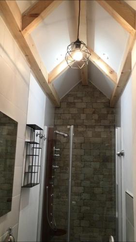 a bathroom with a shower and a ceiling with a light at Apartamentos cercanos playa 1 in Puentedeume