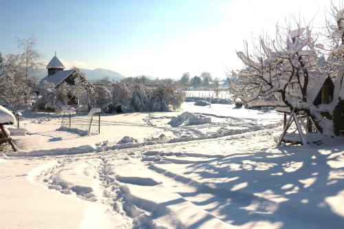 a snow covered yard with footprints in the snow at Bio Archehof Zachhiesen - stay & relax in Seekirchen am Wallersee