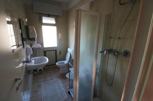 a bathroom with a shower and a toilet and a sink at GreenColors Hotel in Campalto