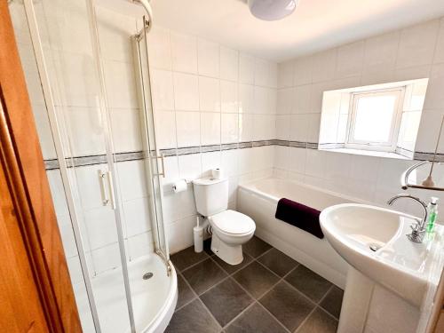 a white bathroom with a toilet and a sink at Brookside in Langthwaite