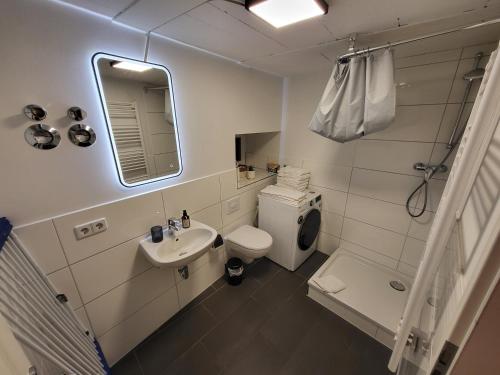 La salle de bains est pourvue de toilettes, d'un lavabo et d'un miroir. dans l'établissement Kant 99 XL, à Berlin