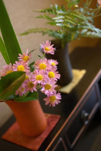 three potted plants on a counter with pink flowers at Futari Shizuka in Komagane
