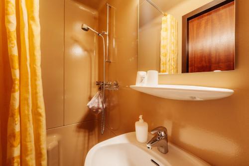 ein Bad mit einem Waschbecken und einer Dusche in der Unterkunft Theo's Bähnli in Braunlage