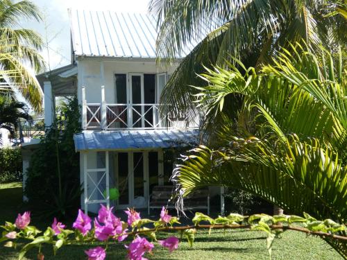une maison blanche avec des palmiers et des fleurs dans l'établissement Sea and sand, à Pointe d'Esny