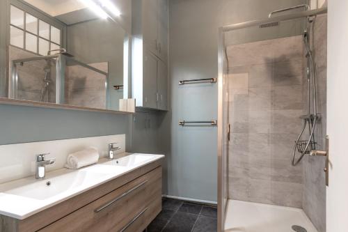 een badkamer met een wastafel en een douche bij Majestic - Appartement 2 pas du centre-ville Chamo in Chamonix-Mont-Blanc