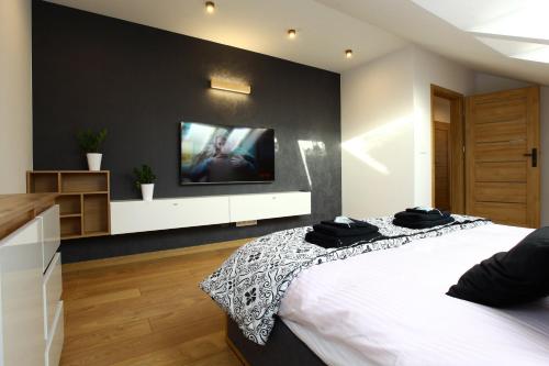 Un dormitorio con una cama grande y un televisor de pantalla plana. en Villa Park 7, en Wapnica