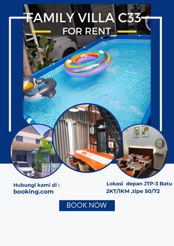 a flyer for a family villa for rent at Family Villa Syariah C-33 with minipool in Batu