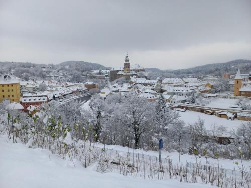 a city covered in snow with a town at Villa Oliva in Český Krumlov