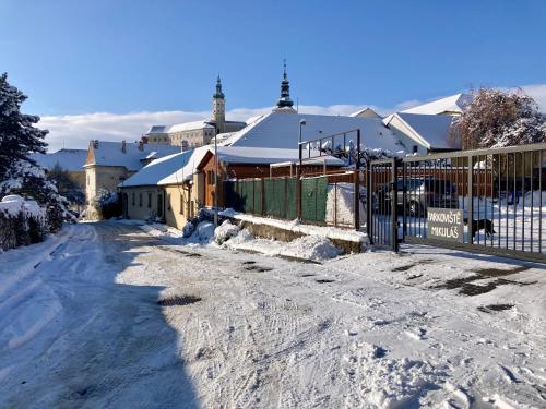 una calle cubierta de nieve con una valla y un edificio en Guesthouse Mikuláš Mikulov - free parking in the city center, en Mikulov