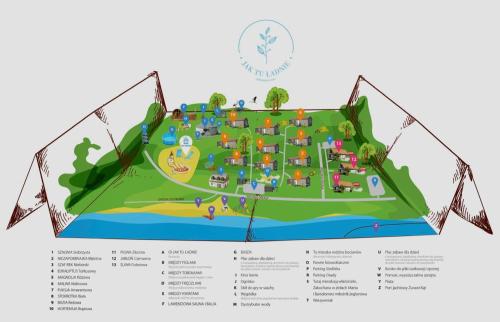 una mappa di un parco con persone e attrazioni di Jak Tu Ładnie - Osada i Siedlisko a Mikołajki