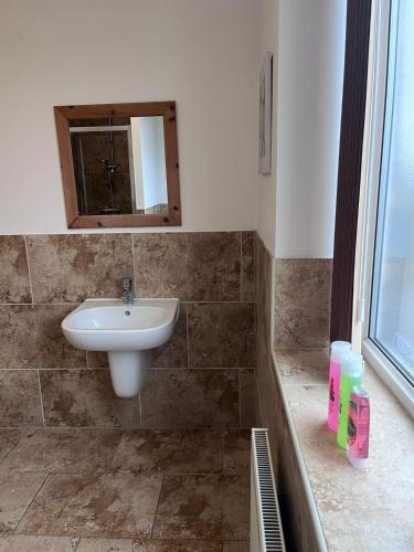 ein Bad mit einem Waschbecken und einem Spiegel in der Unterkunft Westend Villas in Leicester