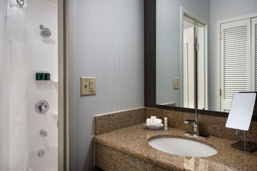 a bathroom with a sink and a mirror at Courtyard by Marriott Mahwah in Mahwah