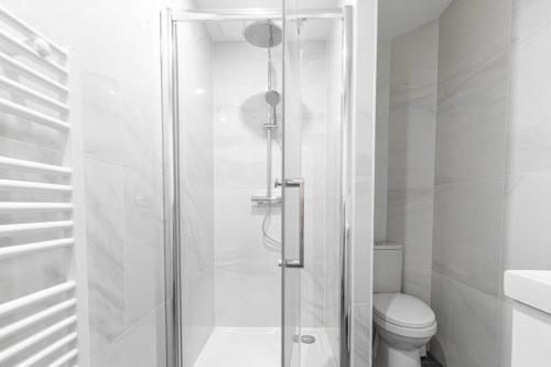 biała łazienka z prysznicem i toaletą w obiekcie Lovely apartment for two-person w mieście Aubervilliers