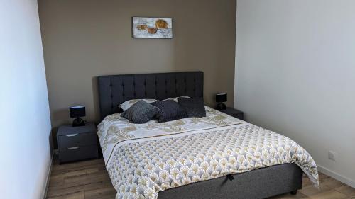 Un dormitorio con una cama con almohadas. en Domaine de la Griffe - Appartement moderne à la montagne en La Roche-sur-Foron