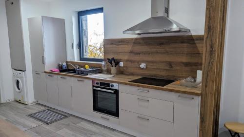 cocina con armarios blancos y fogones en Domaine de la Griffe - Appartement moderne à la montagne, en La Roche-sur-Foron