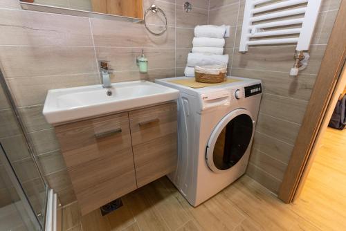 a bathroom with a washing machine and a sink at Green Hill Isidorovic Divcibare in Divčibare
