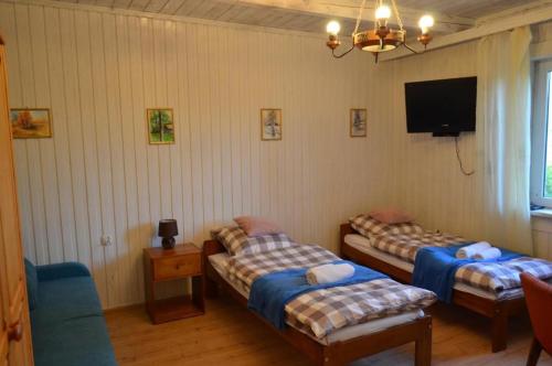 a room with two beds and a tv on the wall at Kolorowy Domek in Kasina Wielka