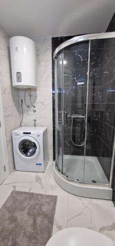 uma casa de banho com um chuveiro e uma máquina de lavar roupa em Portovaradin em Petrovaradin