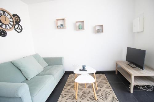 un salon avec un canapé et une télévision dans l'établissement Appartement T2 au centre de Bourg en Bresse, à Bourg-en-Bresse