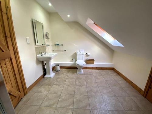 a bathroom with a sink and a toilet and a skylight at Clarice Cottage in Eyam