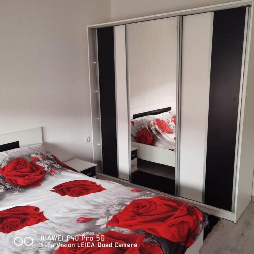 Schlafzimmer mit einem Bett und einem Spiegel in der Unterkunft Apartments Sara in Bosanska Krupa
