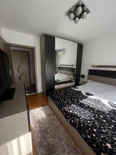 1 dormitorio con 1 cama grande y espejo en Bucharest Apartment, en Bucarest