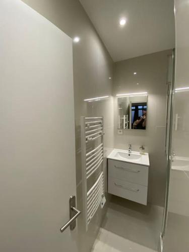 une salle de bain blanche avec un lavabo et une douche dans l'établissement Le fameux Montmartre, à Paris