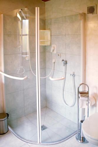 a shower stall in a bathroom with a sink at Ferienwohnung Schader in Prien am Chiemsee