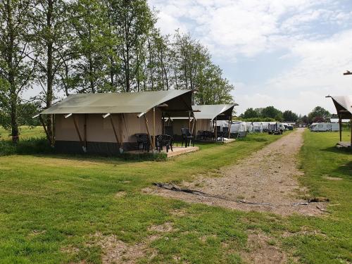 Ter Aar的住宿－Camping de Oude Rijn，田野里一排配有桌椅的帐篷