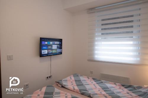 a bedroom with a bed and a tv on the wall at Petković apartmani 48 in Jagodina